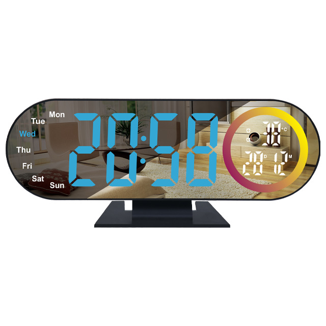 Desktop Color Screen Fantasy LED Digital Display Desktop Mirror Electronic Night Light Color Changing Living Room Silent Clock with Temperature