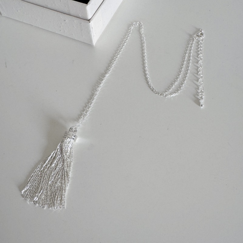 Silver tassel long necklace, heavy sweater chain