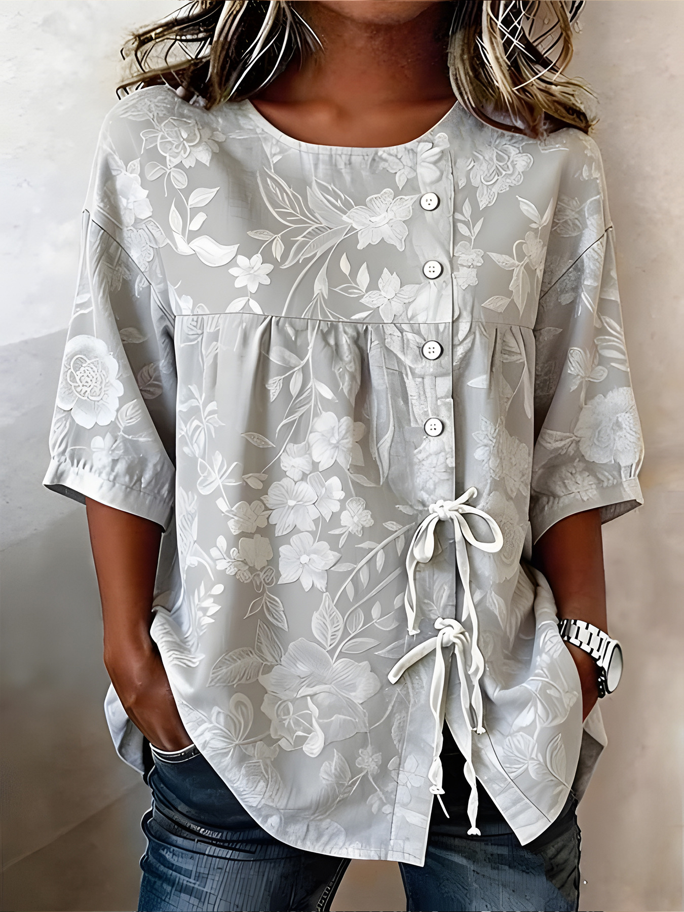 2026 New Style Printed Dandelion Loose Short Sleeve Blouse Women Tie Casual Top