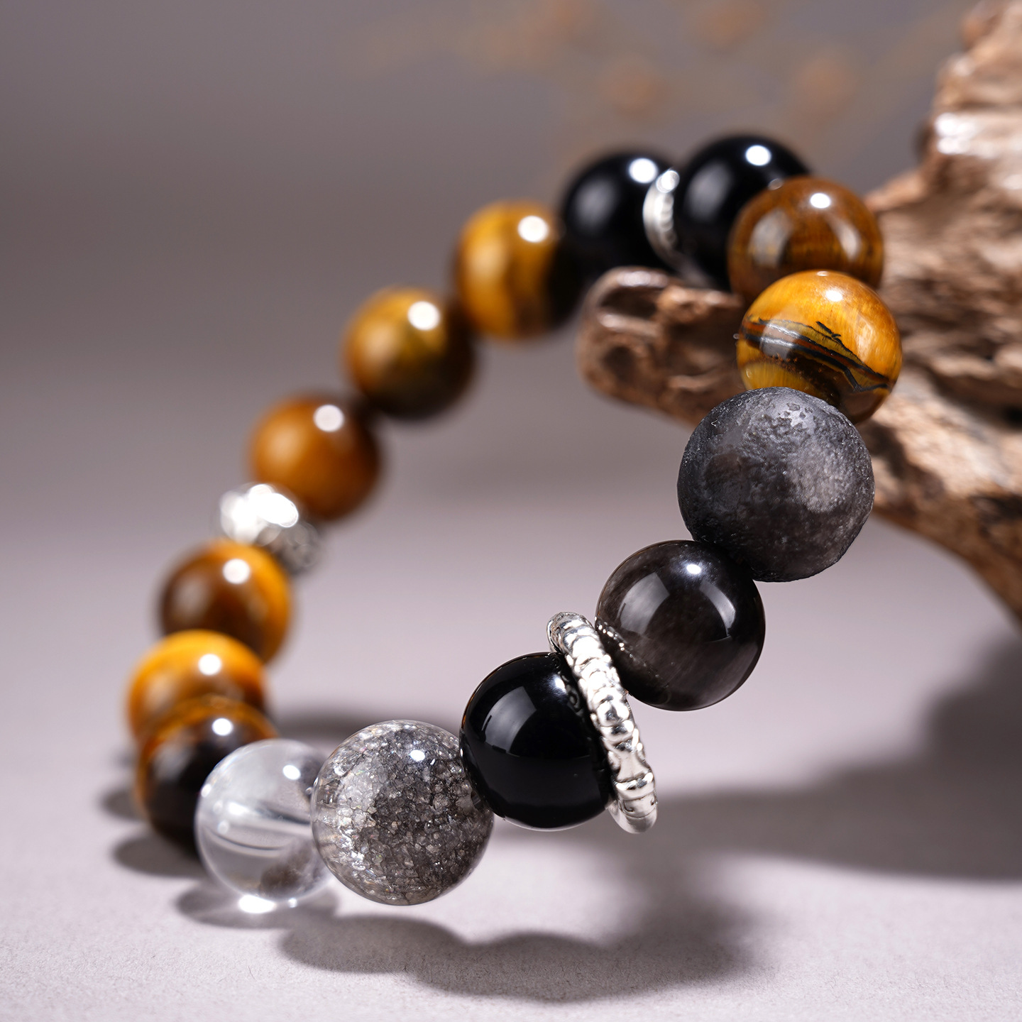 Natural Yellow Tiger Eye Silver Obsidian Planet Bracelet Black Flash Large Particle Original Unisex Couple Bracelet