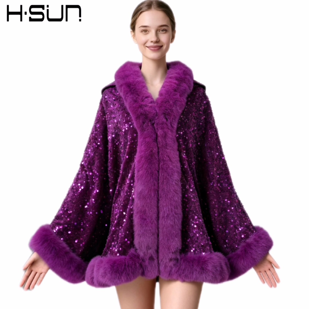 2026 Autumn and Winter Cape Outerwear Small Vest Street Style Cape Solid Color Sequins Fur Collar Poncho