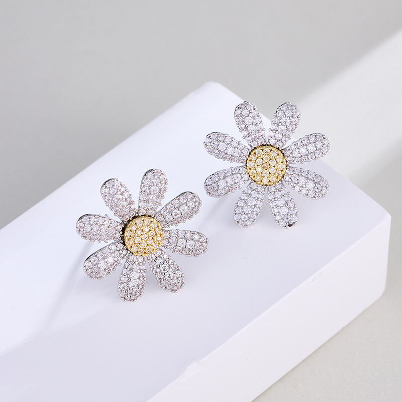 Zircon-Inlaid Daisy Sunflower Earrings Necklace Ring Jewelry Set Niche Clavicle Chain for Women