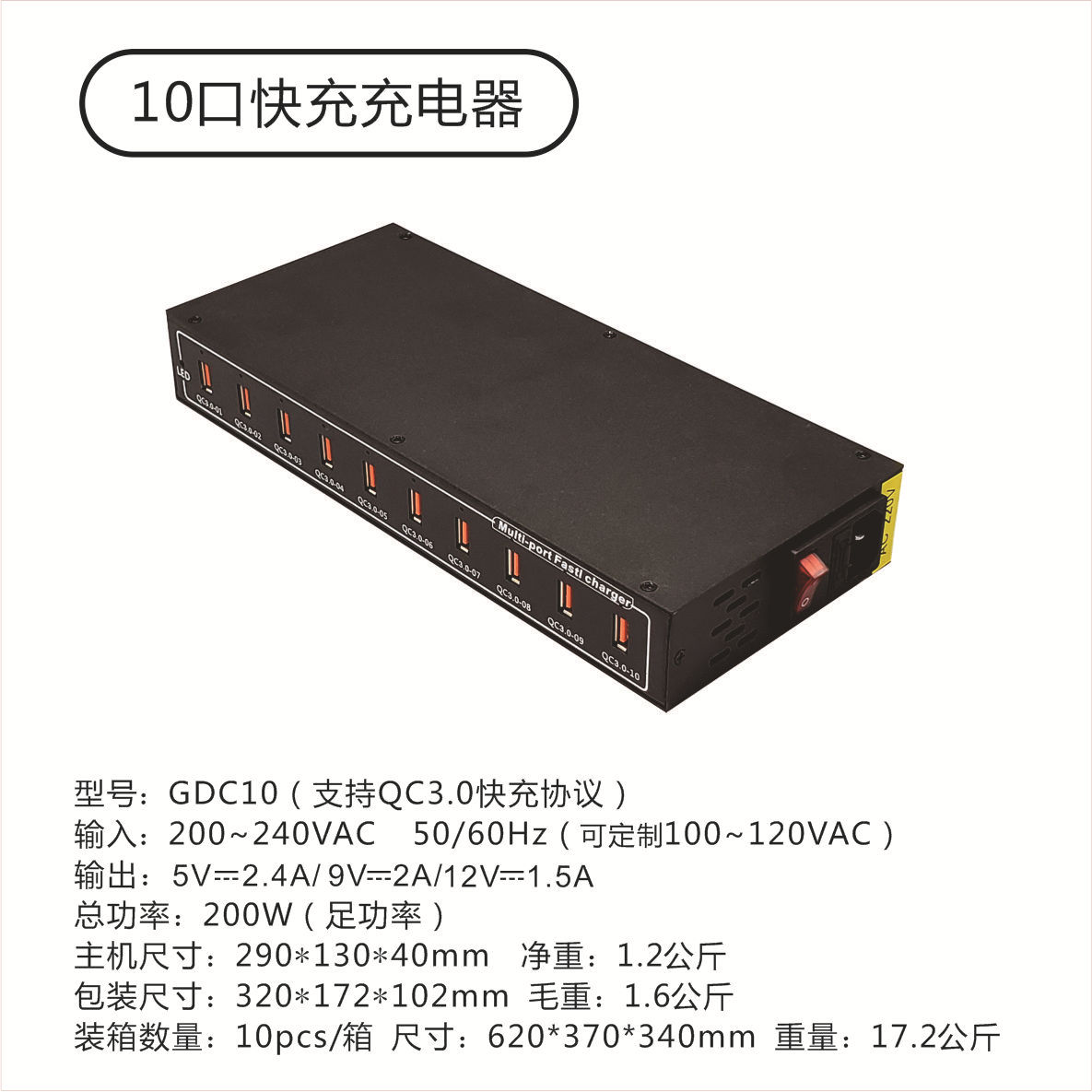 Gujia PD 10-60 Port Desktop Charger USB Plug Multi-Port TYPE-C 45W Fast Charging Phone Charging Station
