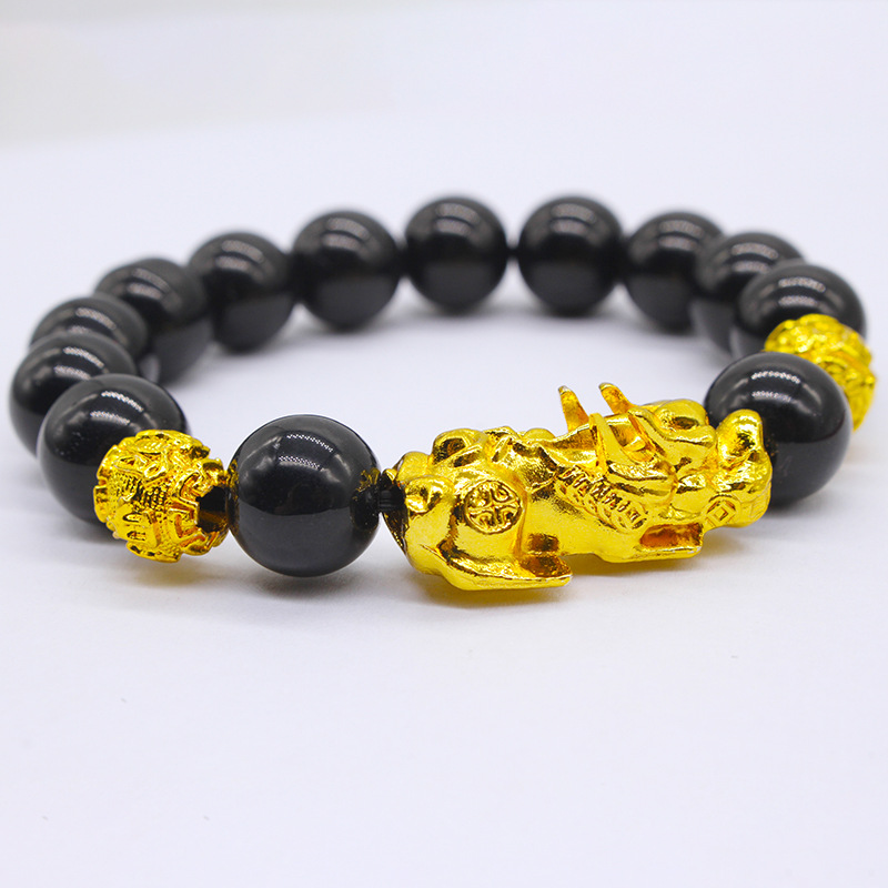 Ethnic style 12mm six-character mantra bracelet gold-plated Pi Xiu imitation obsidian large size men's leather ball bracelet