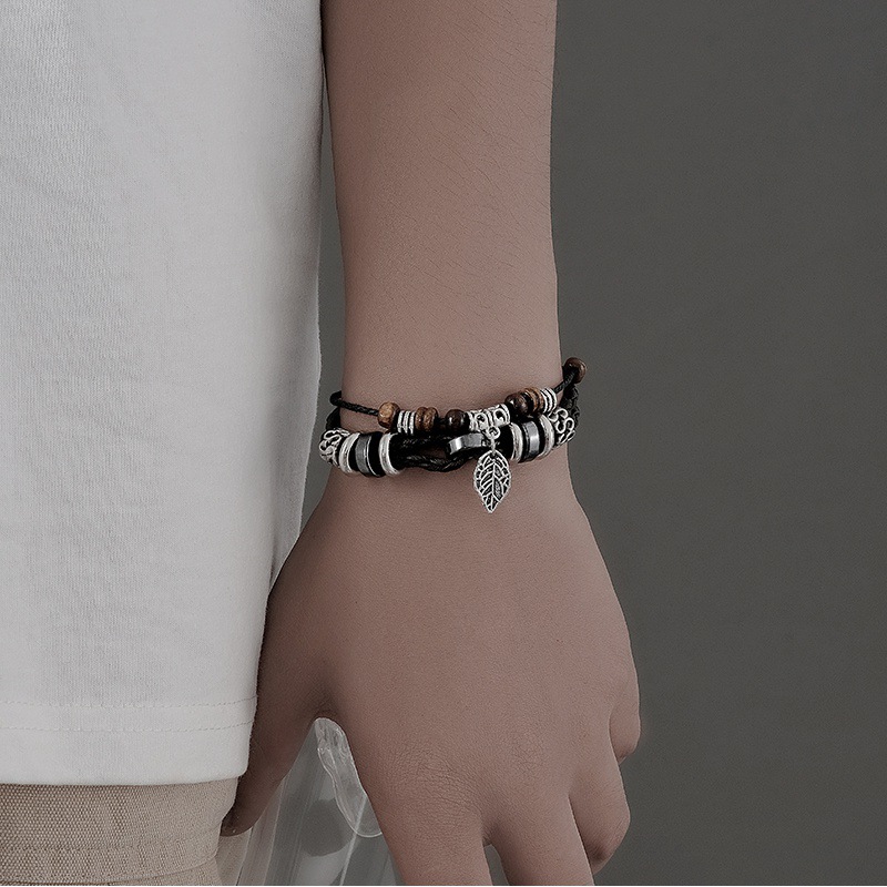 Tree leaf bracelet for men, multi-layer handmade woven leather bracelet simple student couple hand jewelry