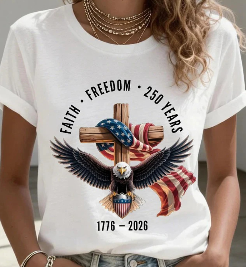 2026 Independent Station Spring Summer New Eagle USA Flag Cross Print Round Neck Short Sleeve