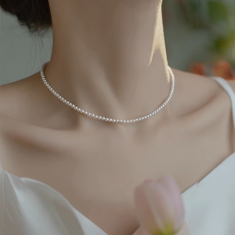 2mm extra small round round flawless strong light pearl sterling silver necklace women's fine clavicle chain 2024