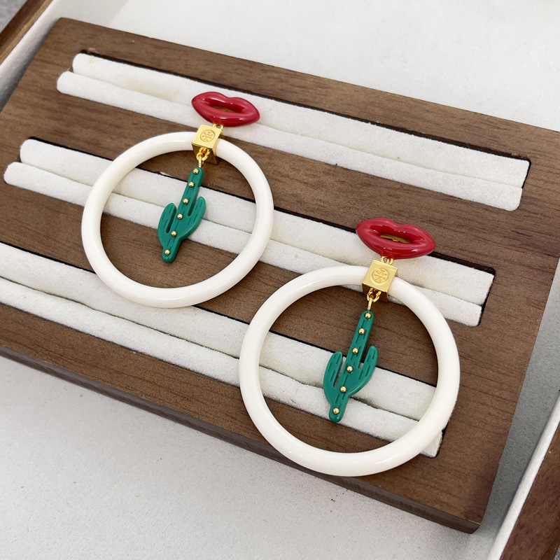 Enamel red lips green resin cactus white large hoop ear studs earrings earrings