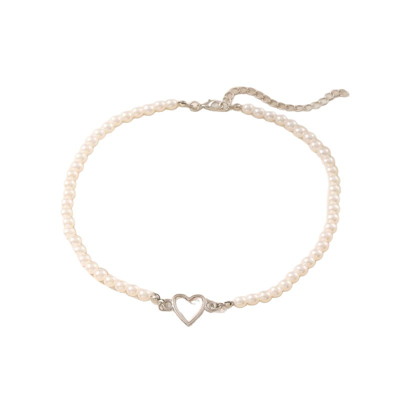 Rongshang New Hollow Love Heart Pendant Necklace for Women Pearl Clavicle Chain Necklace Accessory