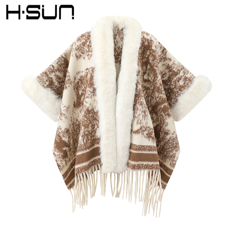 New Knit Cape Poncho Elegant Ethnic Style Fringe Wool Shawl Warm Ethnic Style