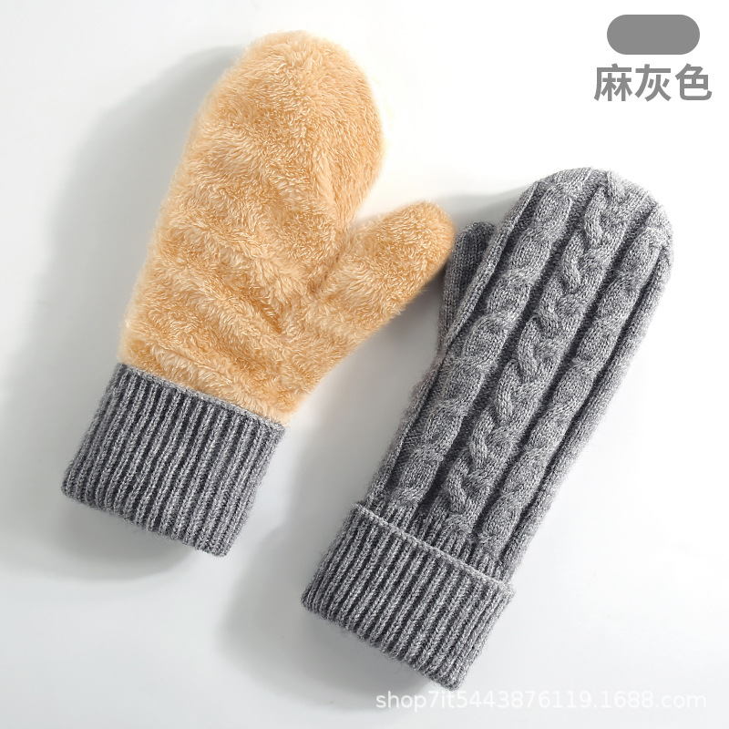 New Knitted Gloves Women Winter Double-Layer Fleece-Lined Thick Warm Mittens Cycling Mittens