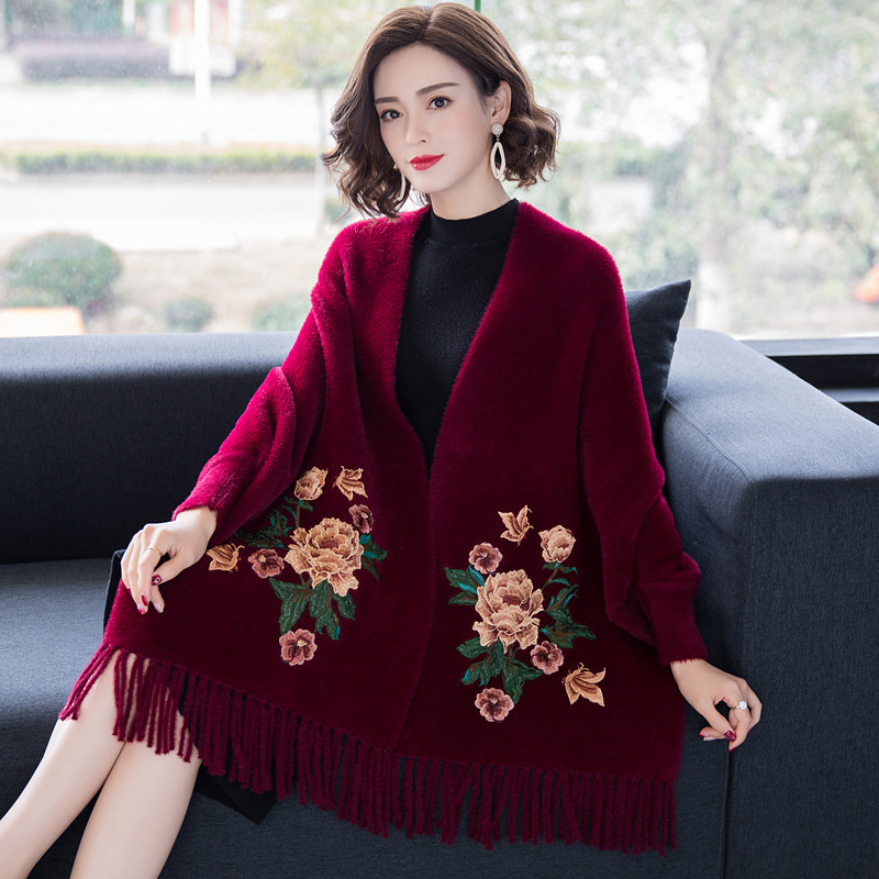 Imitation Mink Embroidery Qipao Shawl Outer Cardigan Women Ethnic Style Mother Red Dress Sleeve Cape Cape Coat