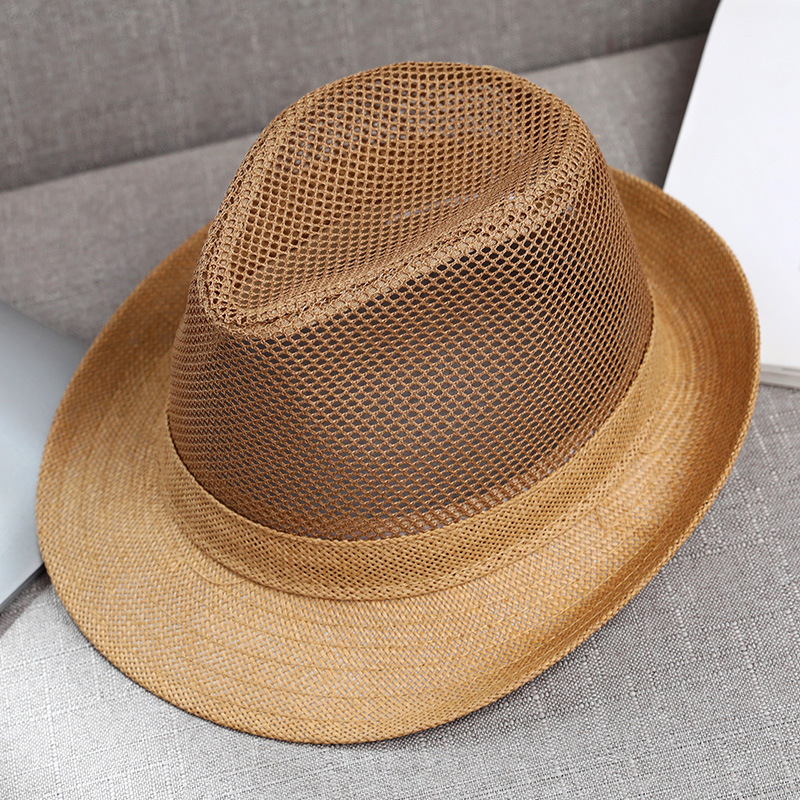Hat Summer Men's Small Fedora Straw Brim Polyester Mesh Breathable Hollow Sun Protection Rolled Brim Sun Hat