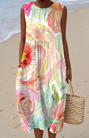 2026 New Sleeveless Printed Dress Beach Vacation Loose Mid Length Round Neck Dress Seaside Vacation Dress