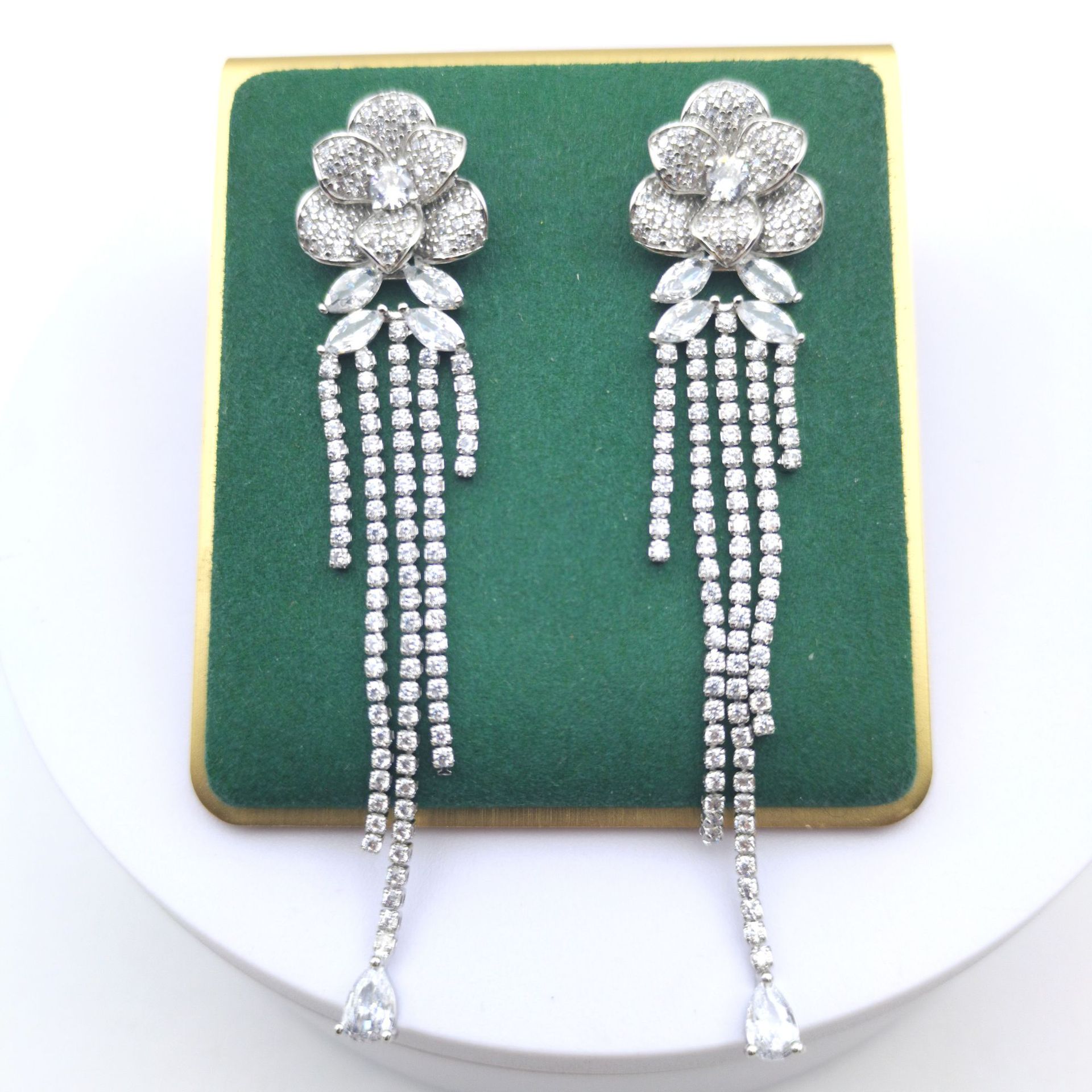 Heavy craft zircon tassel drop earrings S925 silver needle petal stud earrings