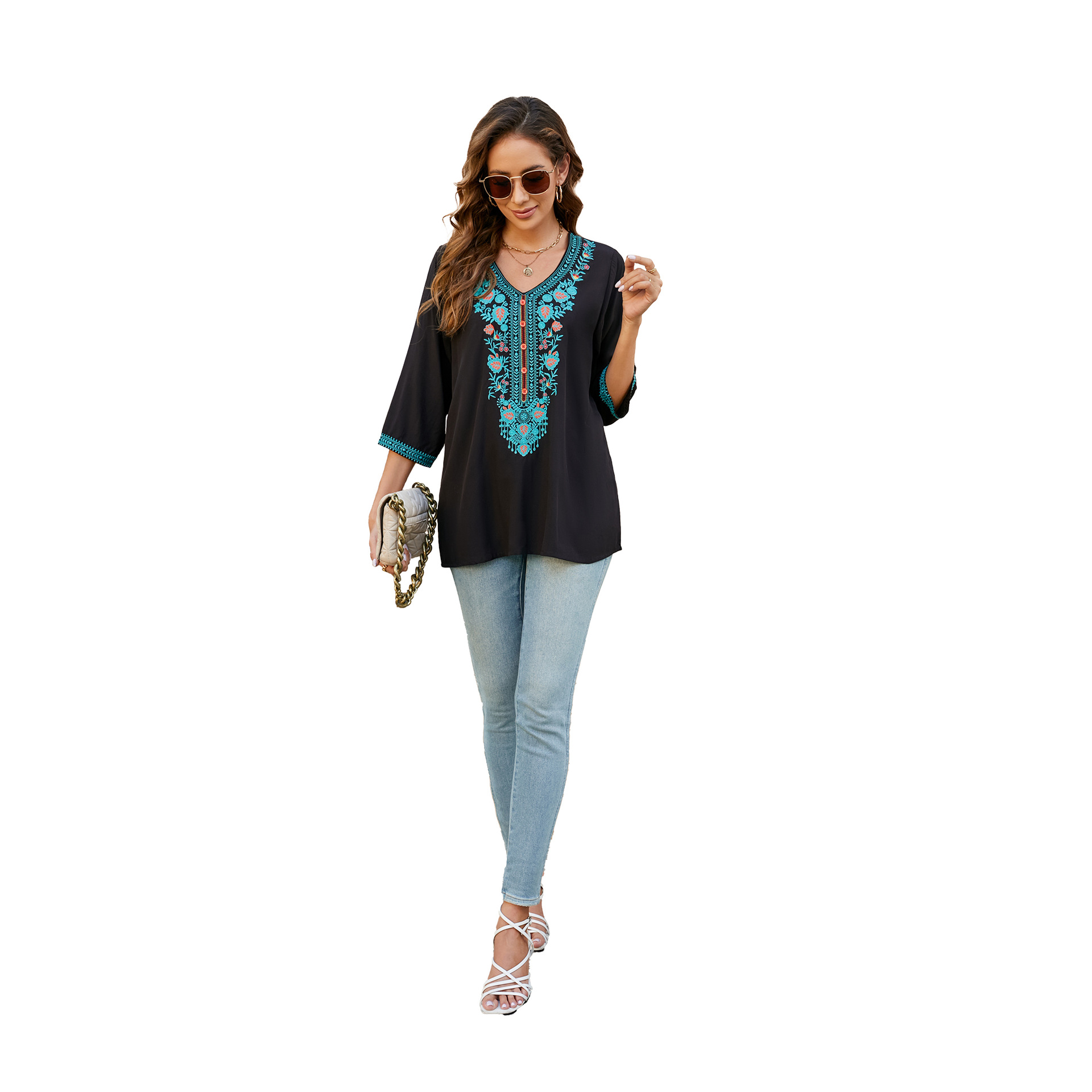 2026 summer new loose thin embroidered flower V-neck five-point sleeve T-shirt women's clothing shirt top 707