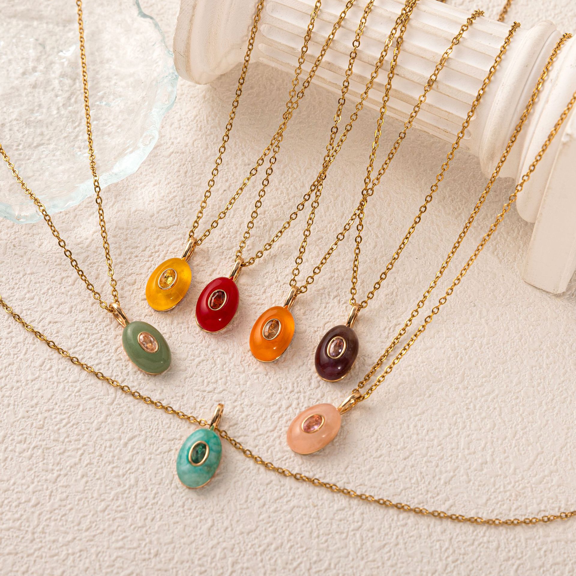 Titanium steel plated 18k gold natural stone rhinestone teardrop necklace multi-color accessory