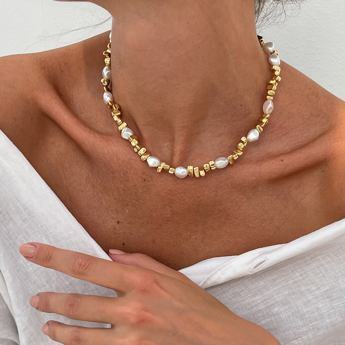 Baroque irregular faux pearl beaded necklace choker simple star tassel neck ornament