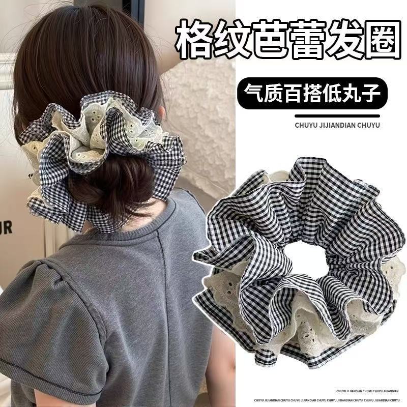 Plaid lace large hair scrunchie for women 2026 new hair tie extra large bun hair accessory head flower