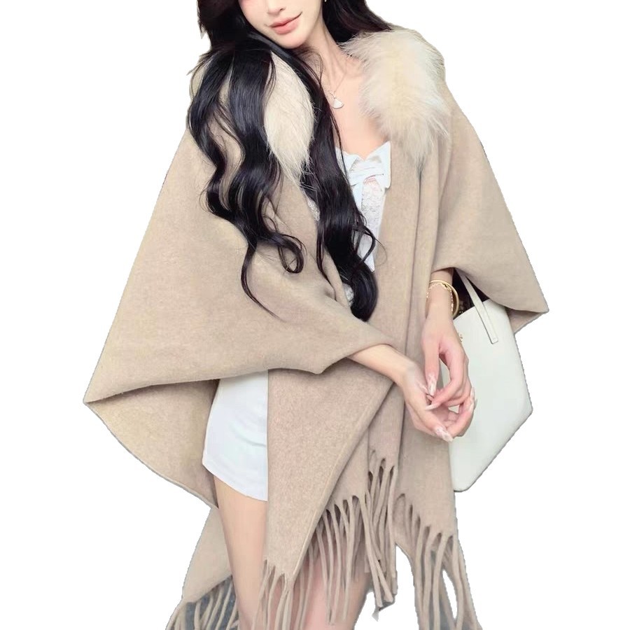 Autumn Winter Gentle Style Fur Collar Tassel Shawl Women Autumn Winter Warm Cape Coat 062#